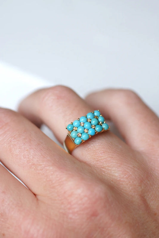 Vintage Round Cut Turquoise Cluster Rings For Women- 14k Gold Vermeil Rings