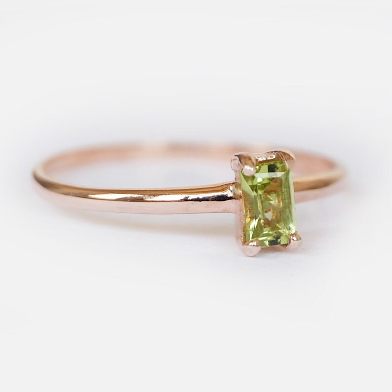Natural Emerald Cut Peridot Solitaire Rings - 14k Rose Gold Vermeil Rings
