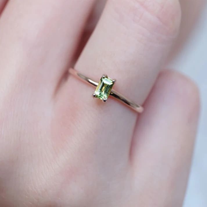 Natural Emerald Cut Peridot Solitaire Rings - 14k Rose Gold Vermeil Rings