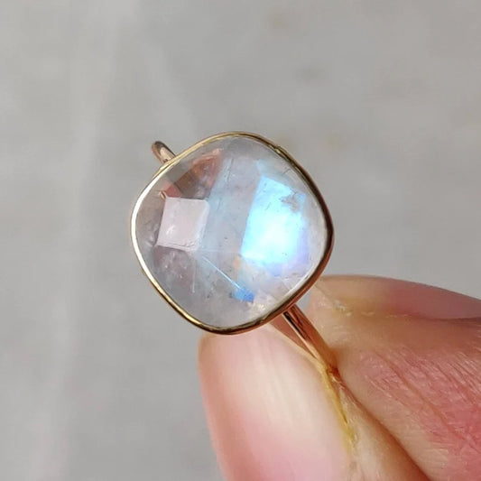 Rainbow Moonstone Cushion Cut Simple Bezel Set Ring - 14k Gold Vermeil Rings