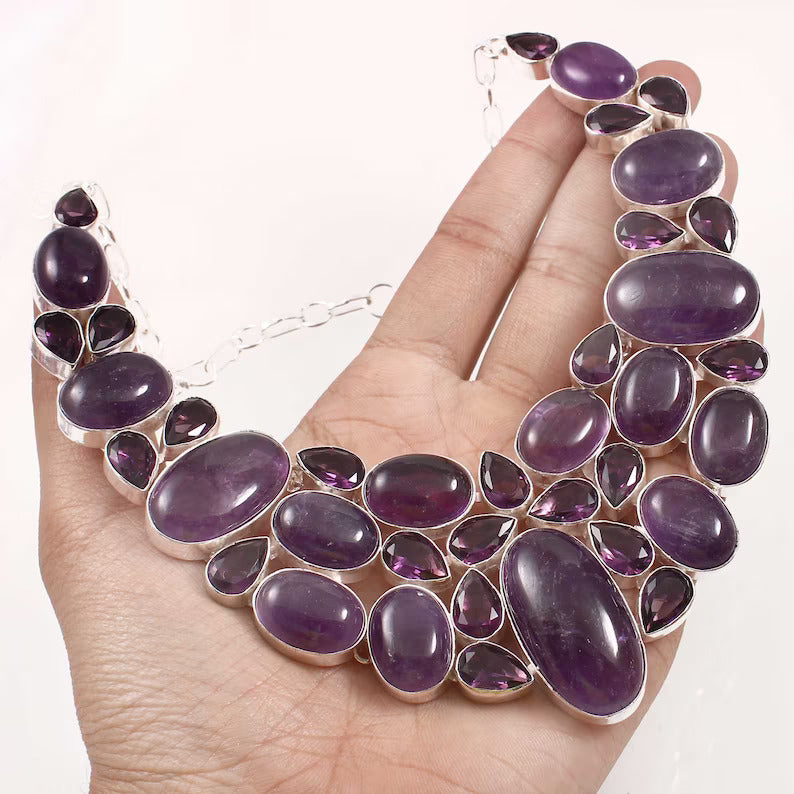 Natural Amethyst Bib Necklace For Women - 925 Sterling Silver Wedding Necklace