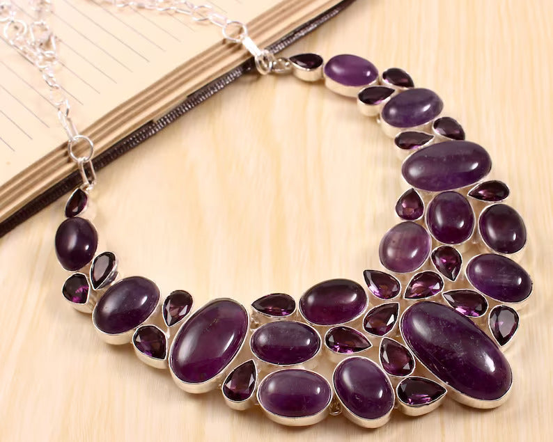 Natural Amethyst Bib Necklace For Women - 925 Sterling Silver Wedding Necklace