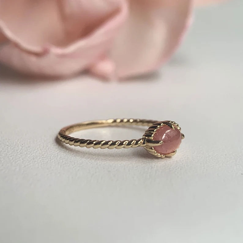 Vintage Oval Cut Rhodochrosite Minimalist Solitaire Ring For Women - 14k Gold Vermeil Rings