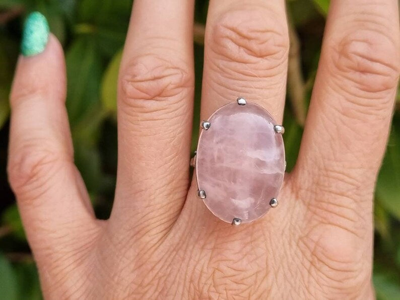 Natural Oval Cut Rose Quartz Six Prong Solitaire Ring