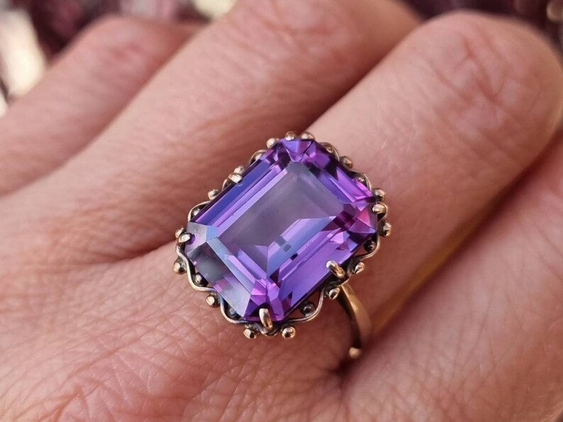 Vintage Amethyst Ring - 14k Gold Vermeil Ringe - Solitärring im Smaragdschliff