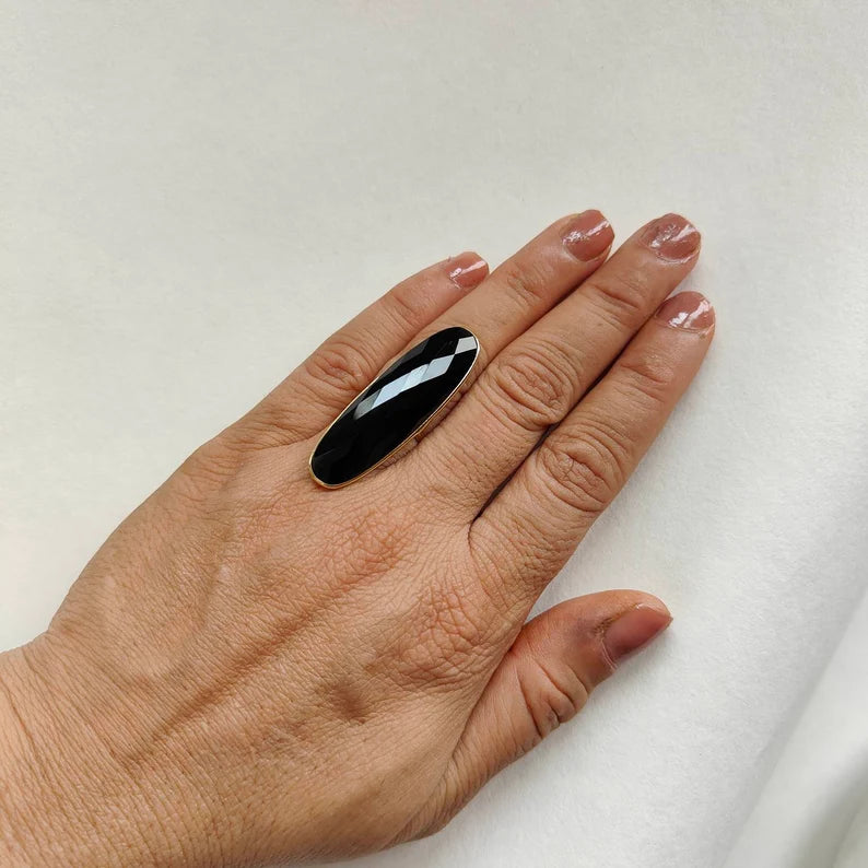 Elongated Oval Cut Black Onyx Bezel Set  Ring - 14k Gold Vermeil Rings