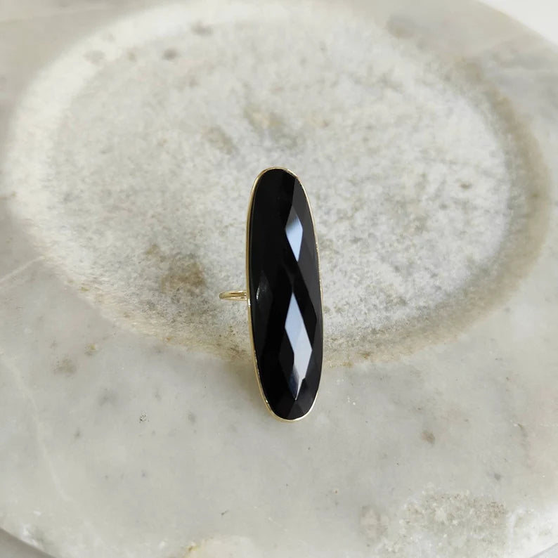 Elongated Oval Cut Black Onyx Bezel Set  Ring - 14k Gold Vermeil Rings