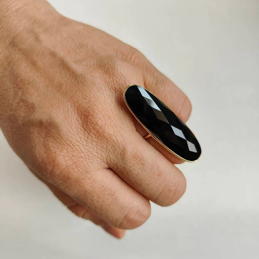 Elongated Oval Cut Black Onyx Bezel Set  Ring 