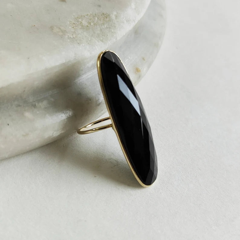 Elongated Oval Cut Black Onyx Bezel Set  Ring - 14k Gold Vermeil Rings