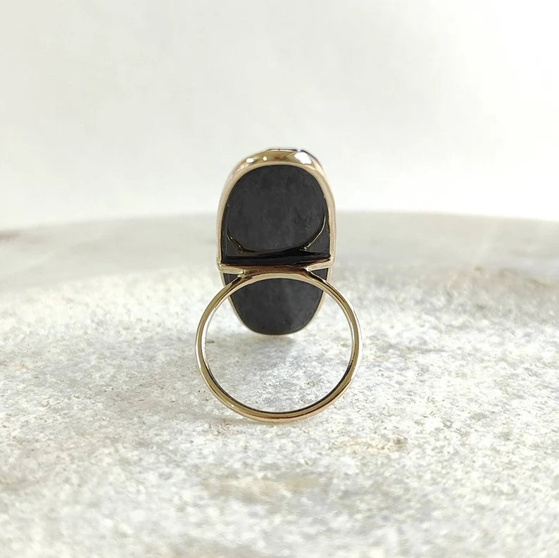 Elongated Oval Cut Black Onyx Bezel Set  Ring - 14k Gold Vermeil Rings