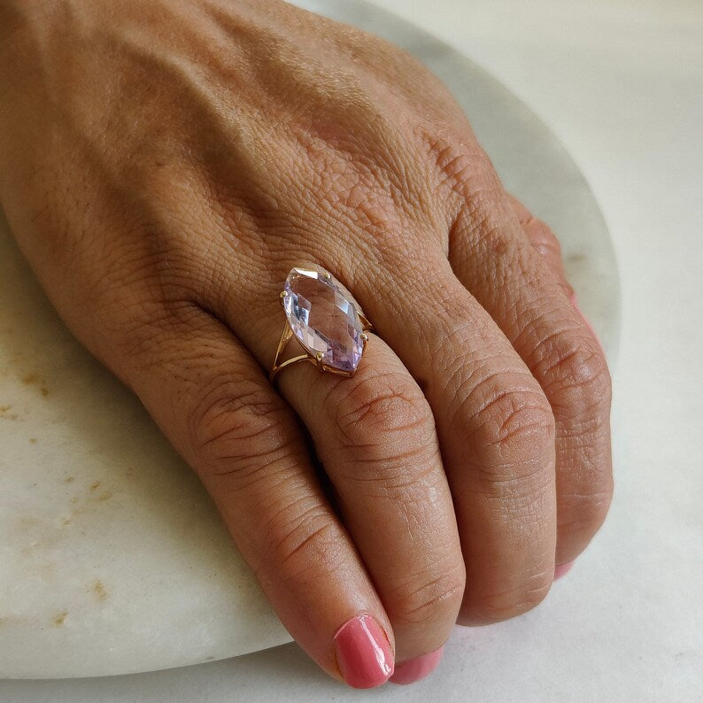 Bagues solitaire taille marquise améthyste Rose De France - Bagues Vermeil en or 14 carats