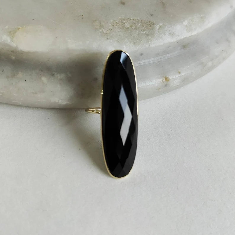 Elongated Oval Cut Black Onyx Bezel Set  Ring - 14k Gold Vermeil Rings