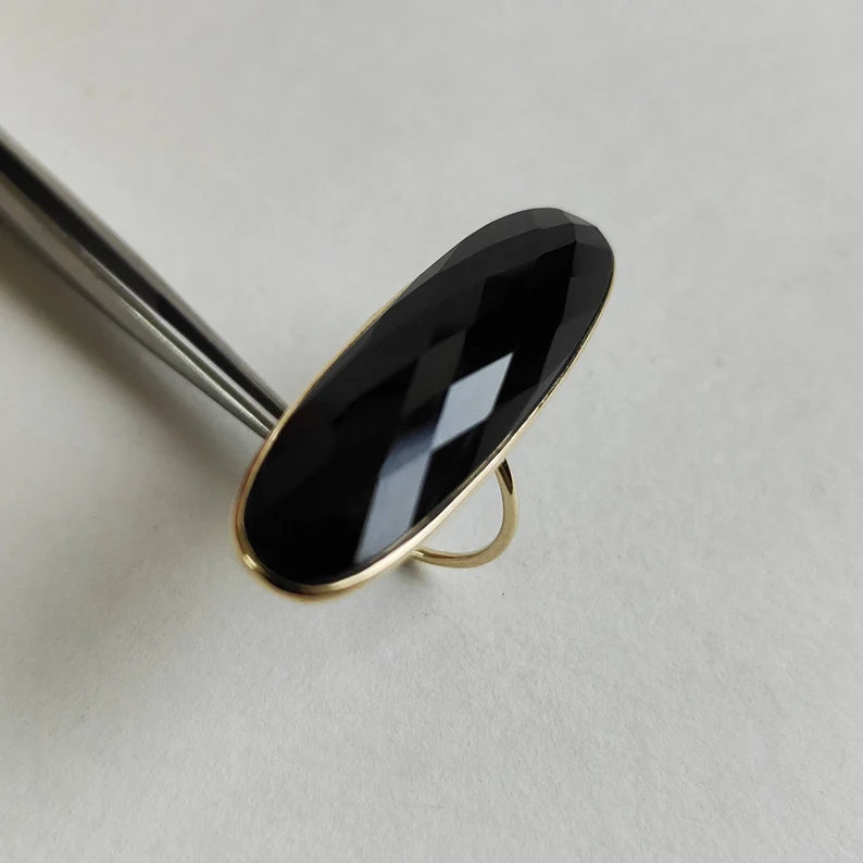 Elongated Oval Cut Black Onyx Bezel Set  Ring - 14k Gold Vermeil Rings