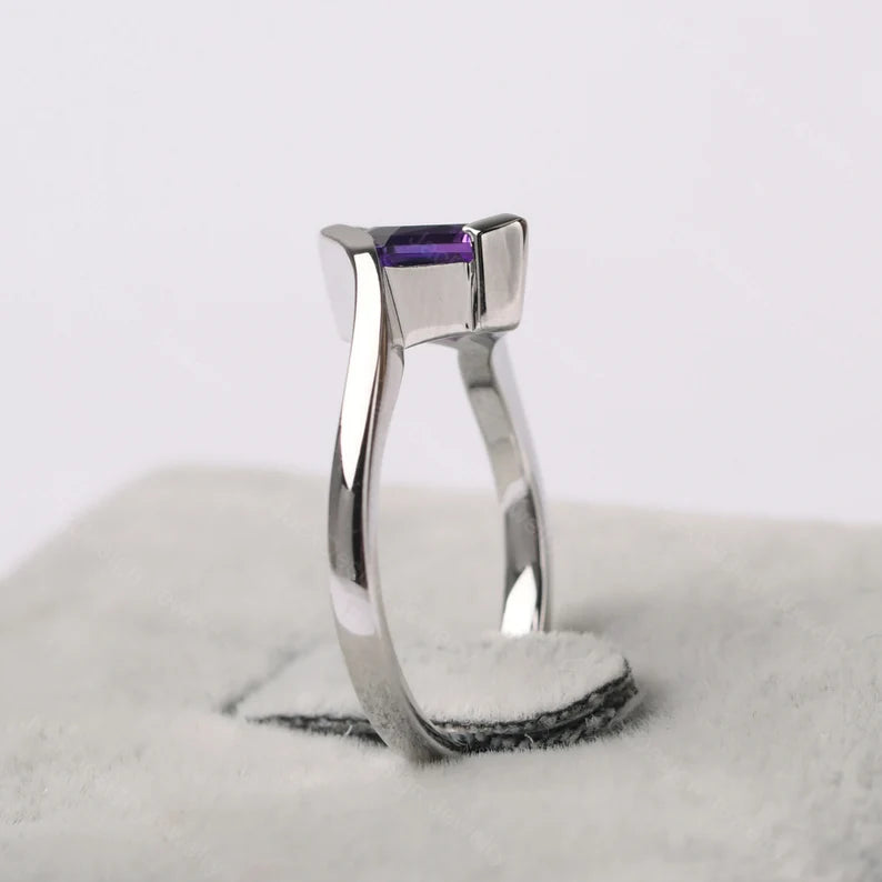 Natural Square Cut Amethyst Solitaire Ring - 925 Sterling Silver Ring