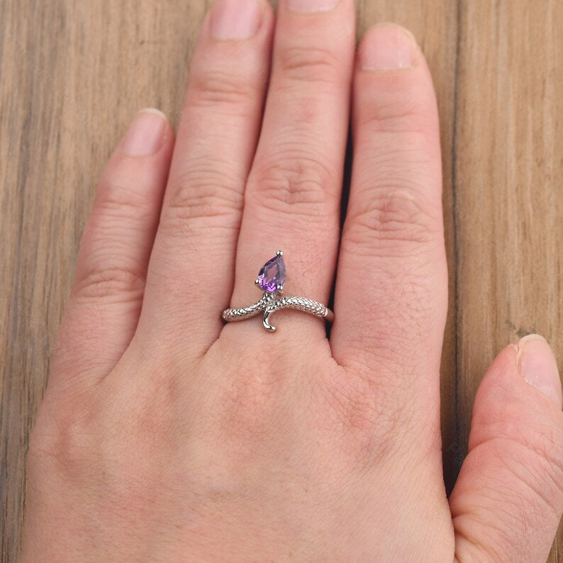 Natural Teardrop Amethyst Snake Vintage Ring - 925 Sterling Silver Rings