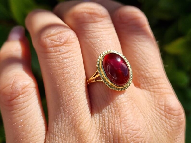 Natural Oval Cut Cabochon Garnet Solitaire Handmade Rings - 14k Gold Vermeil Rings