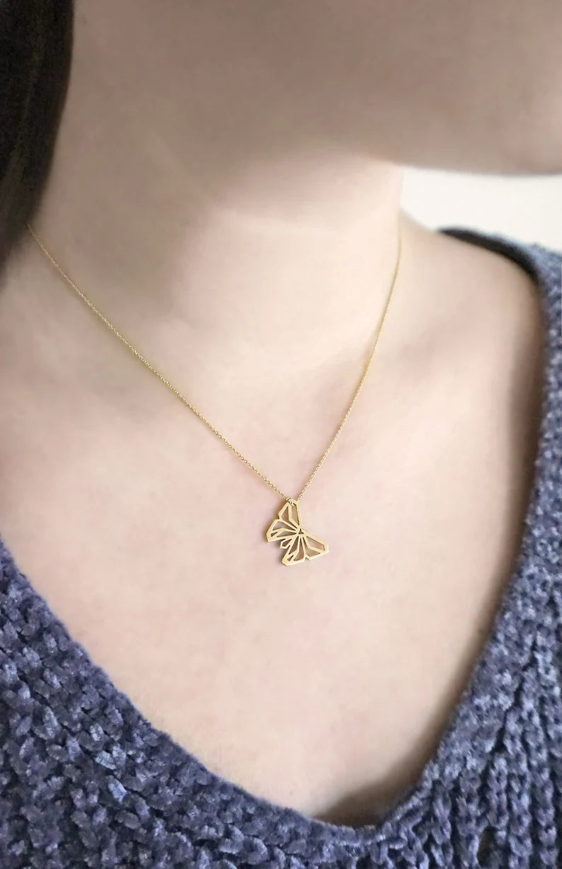 14K Gold Vermeil Schmetterling Origami Halskette – Einzigartiges Geschenk