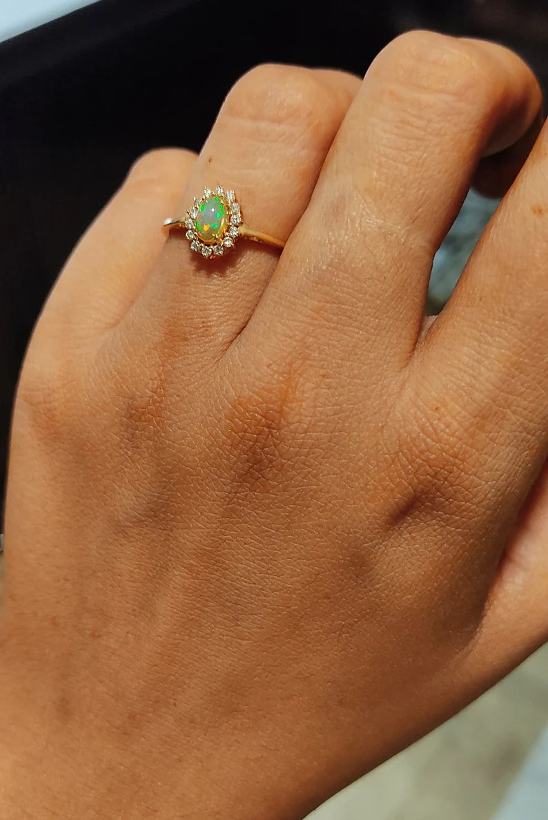 Bague halo d'opale de feu Vermeil en or 14 carats - Bagues de déclaration d'opale