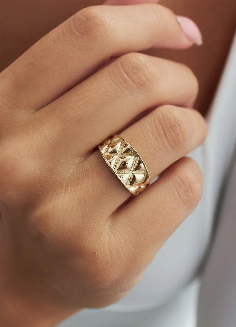 14k Gold Vermeil Wide Band  Statement Ring  - Diamond Pattern Ring