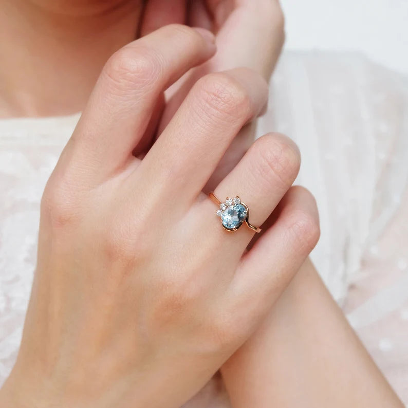 Bague de fiançailles topaze bleue naturelle - bague vermeil en or 14 carats - bague de déclaration topaze bleue