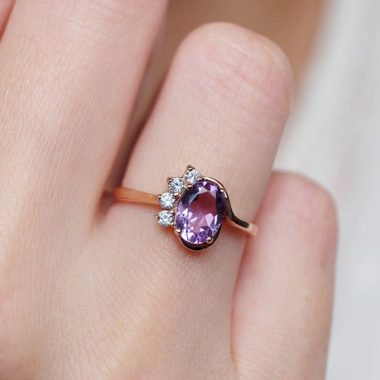 Natural Oval Cut Amethyst 14k Rose Gold Vermeil Solitaire Promise Ring