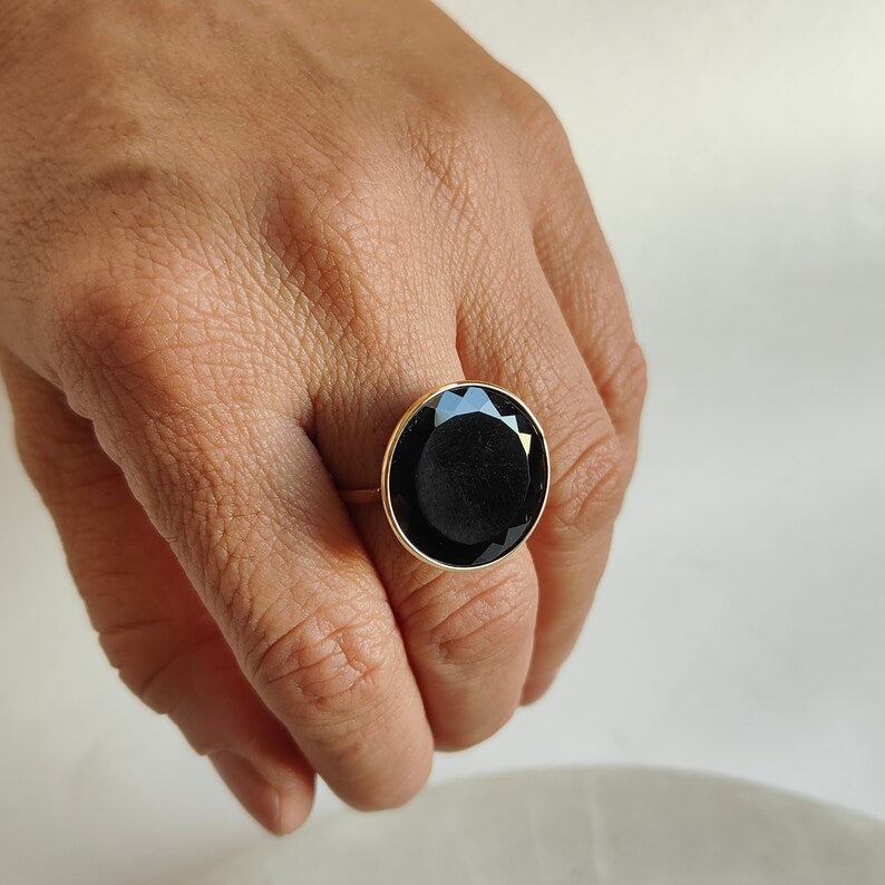 Natural Black Onyx Round Cut Cocktail Ring - 14k Gold Vermeil Rings