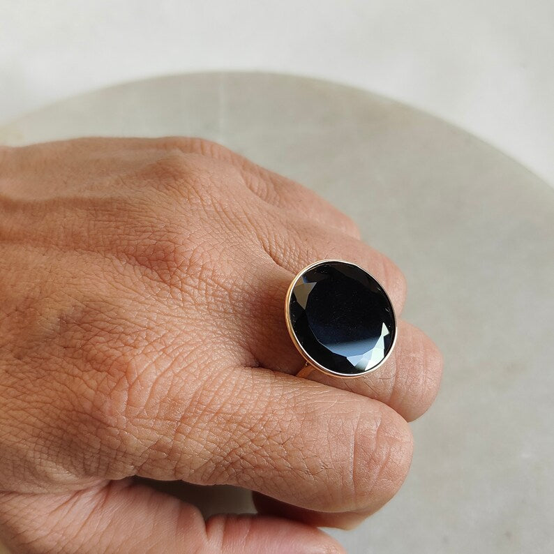 Natural Black Onyx Round Cut Cocktail Ring - 14k Gold Vermeil Rings