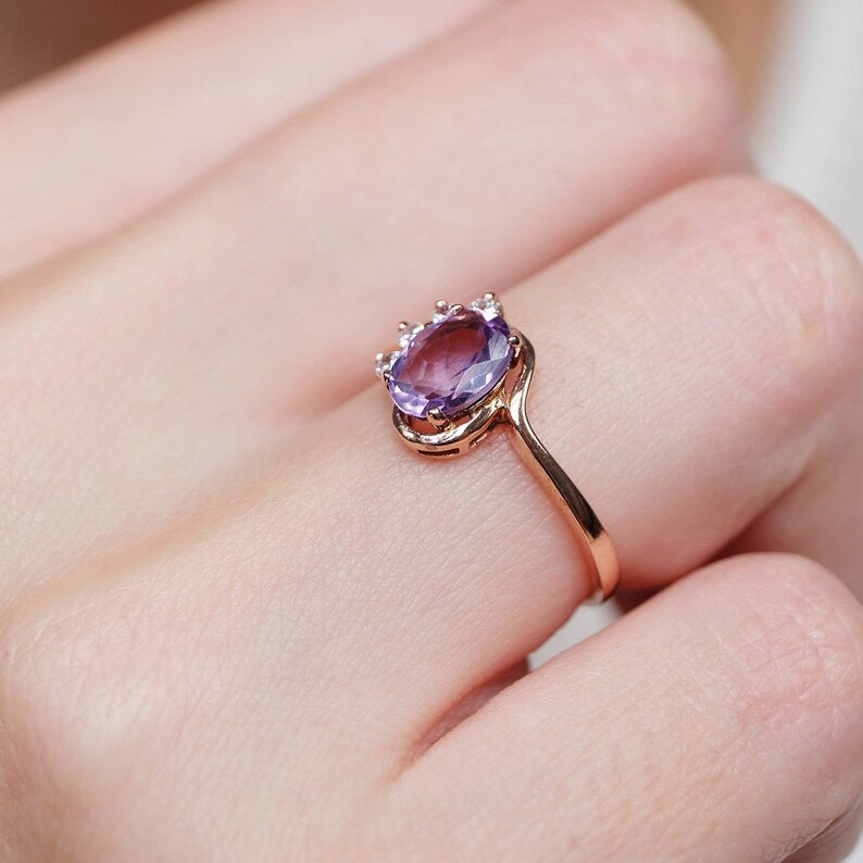 Amethyst Oval Cut Halo Ring - 14k Rose Gold Vermeil RIng