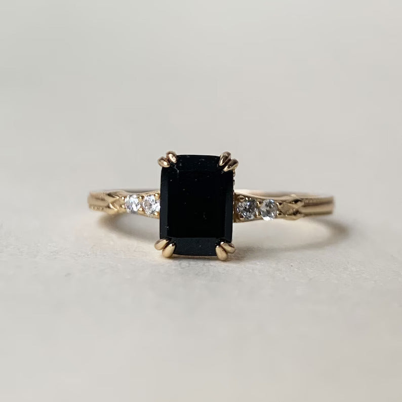 Natural Emerald Cut Black Onyx Solitaire Rings