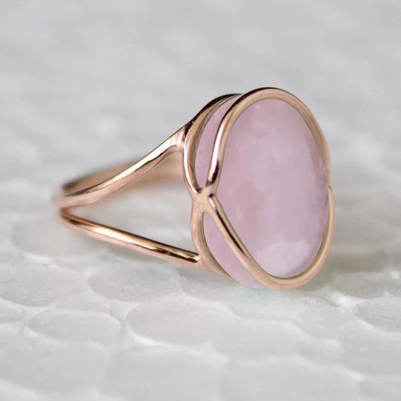 Bague solitaire en quartz rose - Bagues Vermeil en or rose 14 carats - Bagues faites à la main