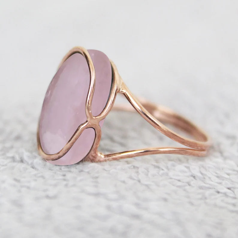 Rose Quartz Solitaire Ring - 14k Rose Gold Vermeil Rings - Handmade Rings