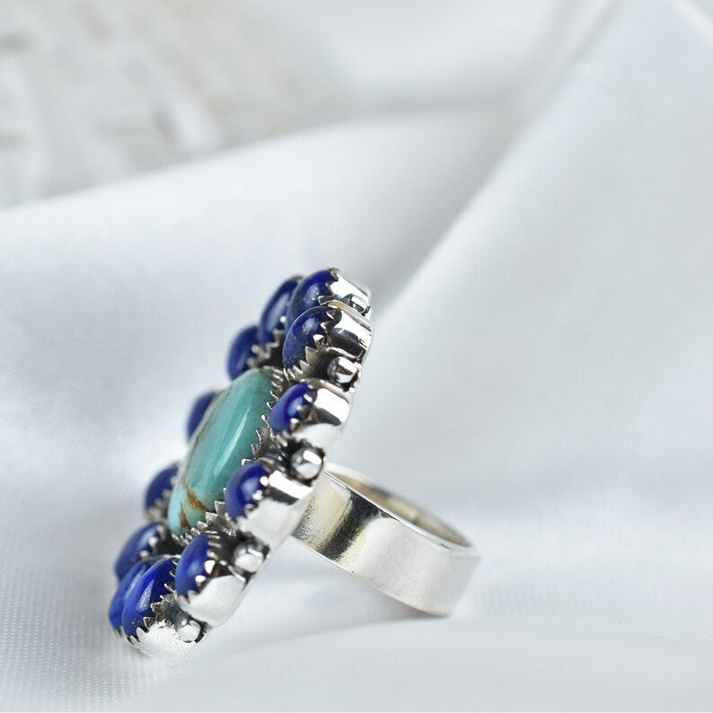 Native American Turquoise And Lapis Lazuli Cluster Rings - 925 Sterling Silver Handmade Vintage Rings