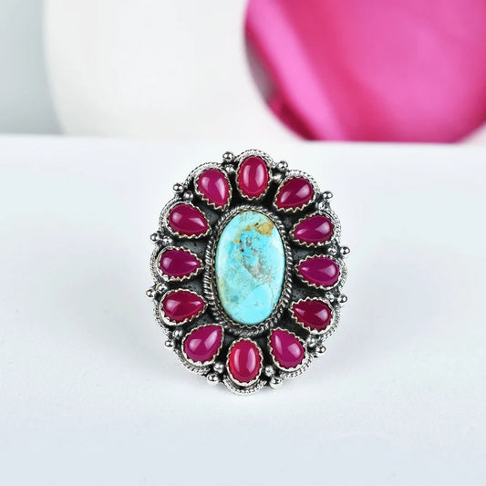 Native American  Pink Onyx & Turquoise Cluster Rings - 925 Sterling Silver Rings