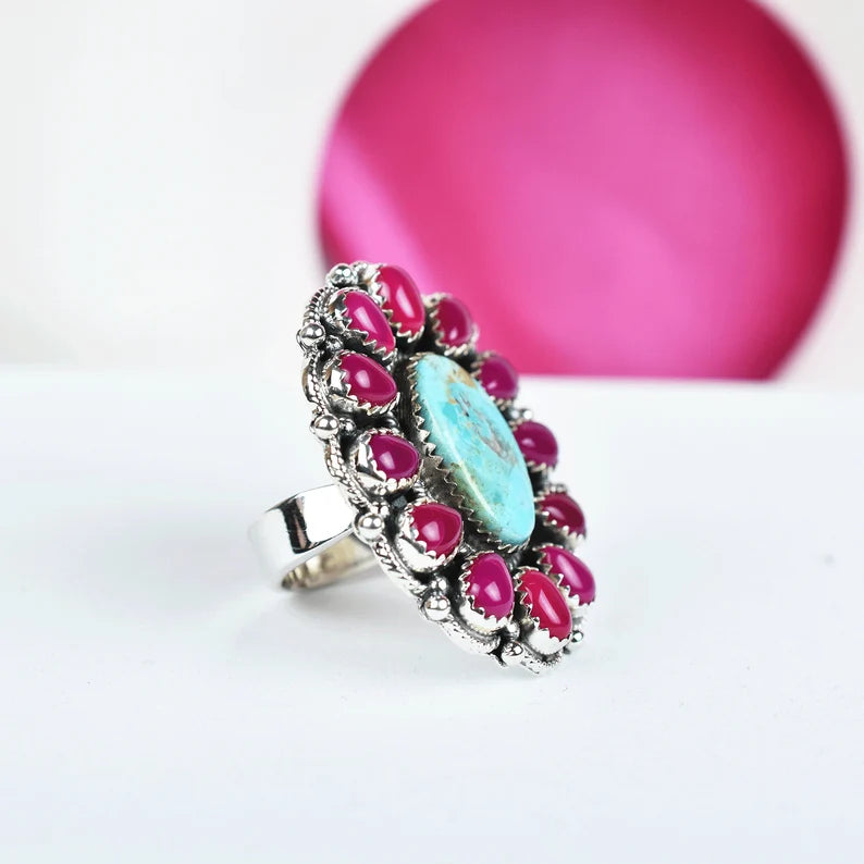 Native American  Pink Onyx & Turquoise Cluster Rings - 925 Sterling Silver Rings