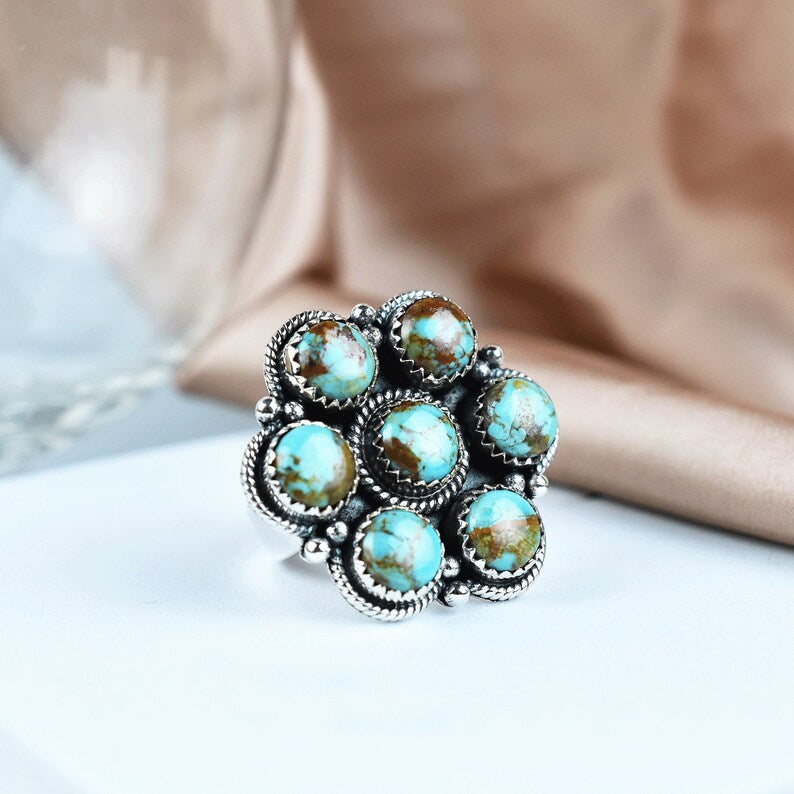 Native American Round Cut Turquoise 925 Sterling Silver  Rings