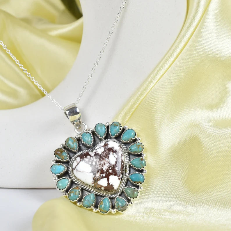 Heart Shaped Wild Horse & Turquoise Native American  925 Sterling Silver Pendant