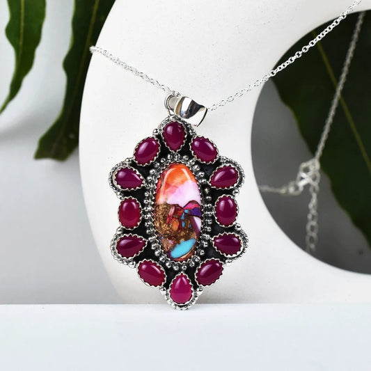 Pink Dahlia Turquoise And Pink Onyx Native American Cluster Pendants - 925 Sterling Silver Pendant