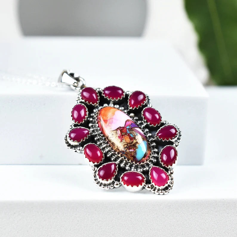 Pink Dahlia Turquoise And Pink Onyx Native American Cluster Pendants - 925 Sterling Silver Pendant