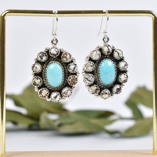 Native American Turquoise & Wild Horse Cluster Earrings - 925 Sterling Silver Boho Style Earrings