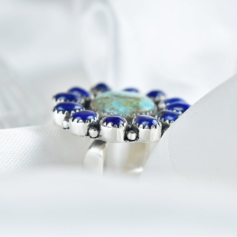 Native American Turquoise And Lapis Lazuli Cluster Rings - 925 Sterling Silver Handmade Vintage Rings