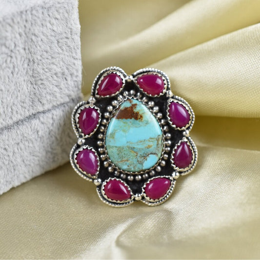 Native American Pink Onyx  & Turquoise Cluster Rings - 925 Sterling Silver Handmade Vintage Rings