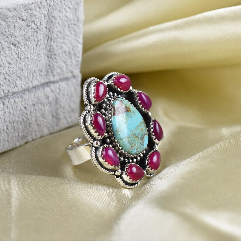 Native American Pink Onyx  & Turquoise Cluster Rings - 925 Sterling Silver Handmade Vintage Rings