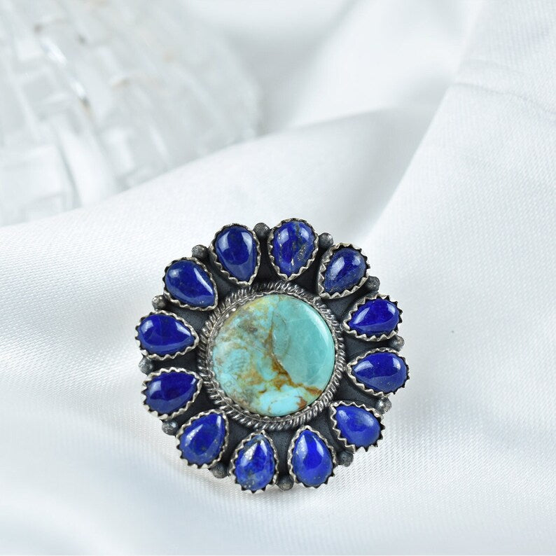 Native American Turquoise And Lapis Lazuli Cluster Rings - 925 Sterling Silver Handmade Vintage Rings