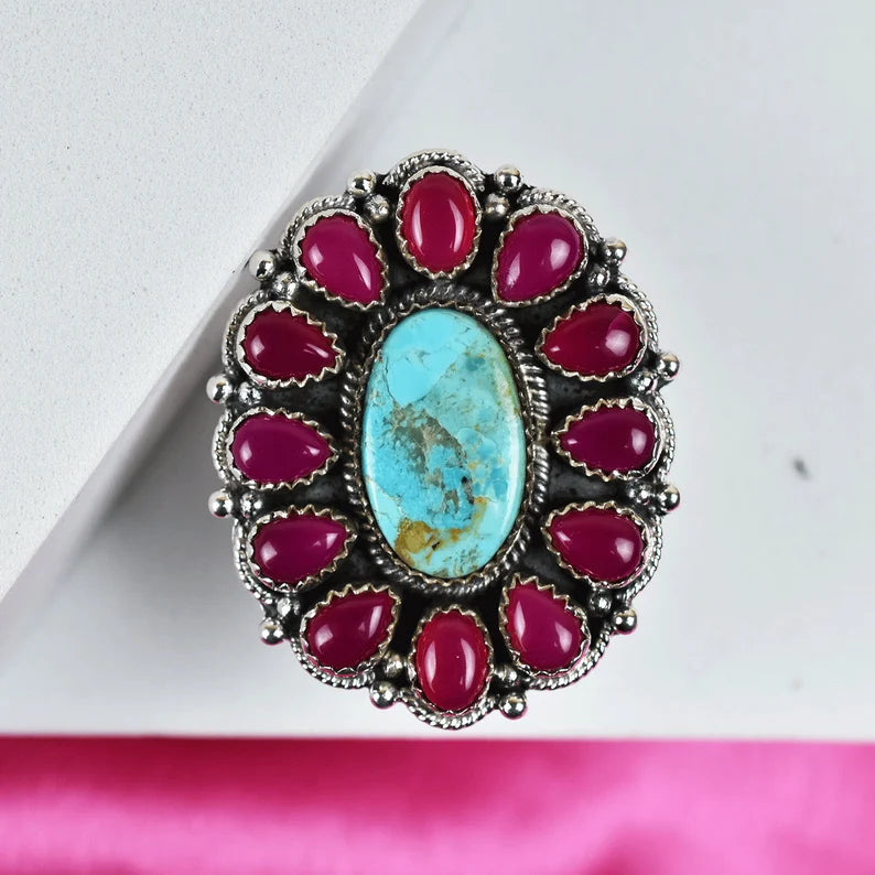 Native American  Pink Onyx & Turquoise Cluster Rings - 925 Sterling Silver Rings