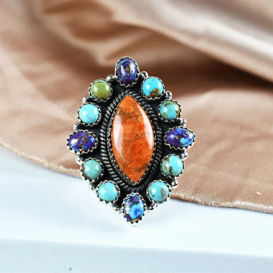 Native American Sponge Coral & Turquoise Cluster Rings - 925 Sterling Silver Handmade Vintage Rings