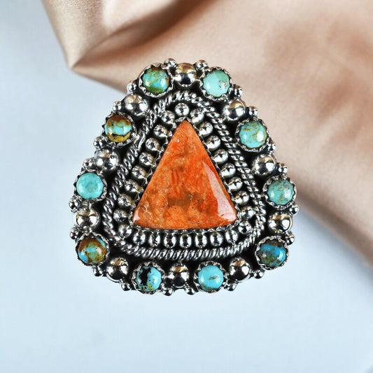 Native American Orange Coral & Turquoise Cluster Rings - 925 Sterling Silver Handmade Vintage Rings