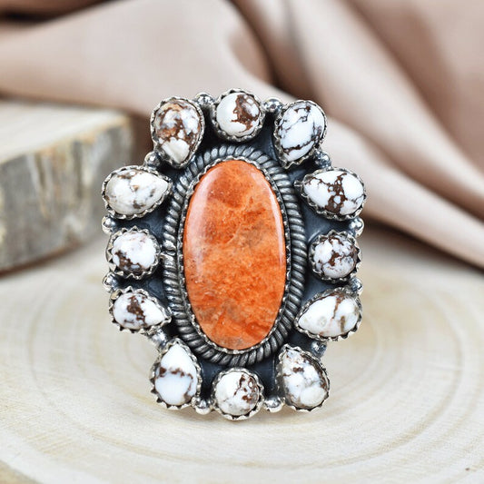 Native American Wild Horse And Orange Coral Cluster Rings - 925 Sterling Silver Handmade Vintage Rings