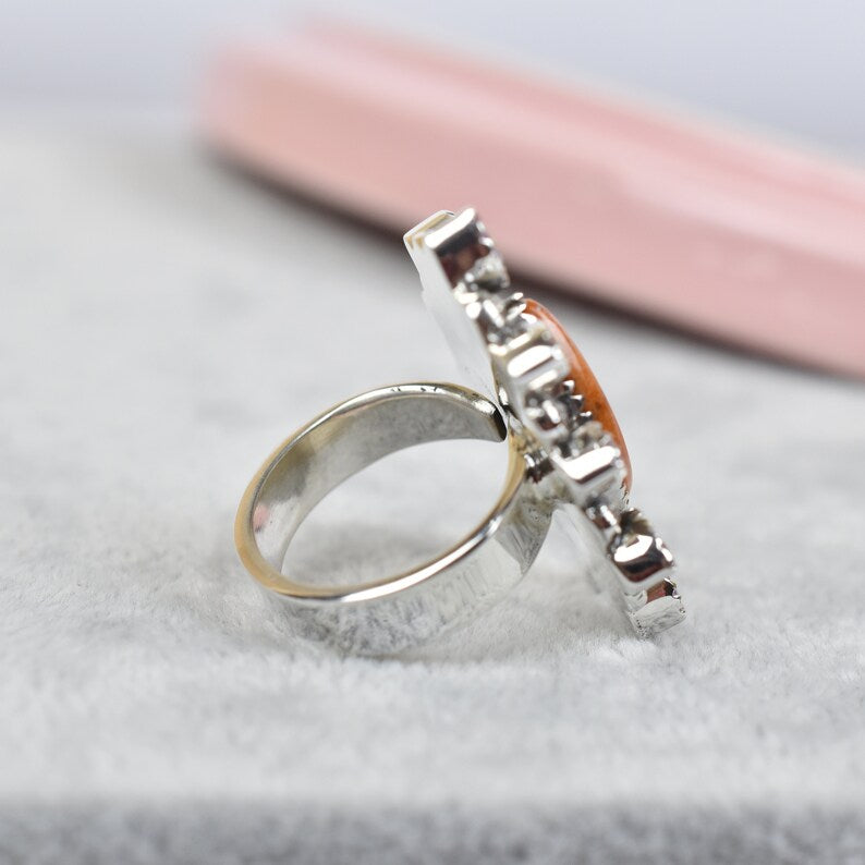 Native American Orange Coral And Pink Cz Cluster Rings - 925 Sterling Silver Boho Rings