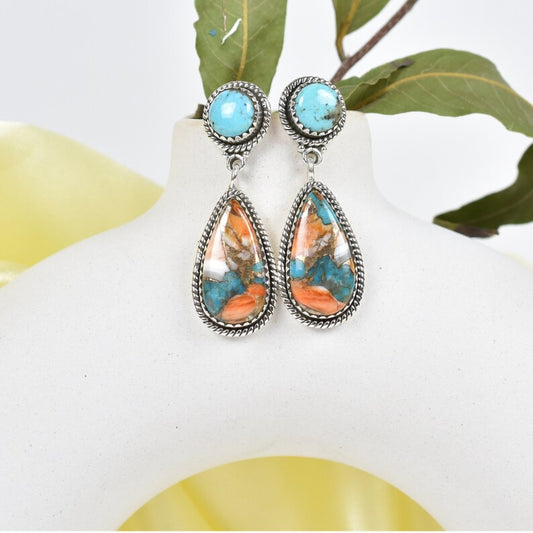 Native American Spiny Oyster Turquoise And Mohave Turquoise Drop Earrings - 925 Sterling Silver Boho Style Earrings