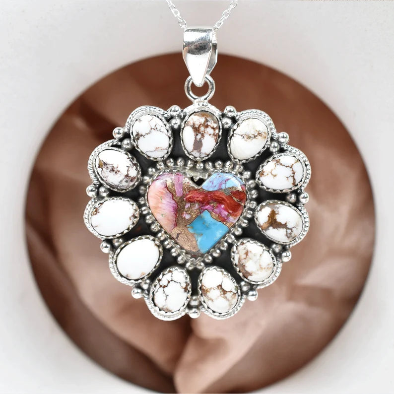 Heart Shaped Pink Copper Turquoise And Wild Horse Cluster 925 Sterling Silver Pendant